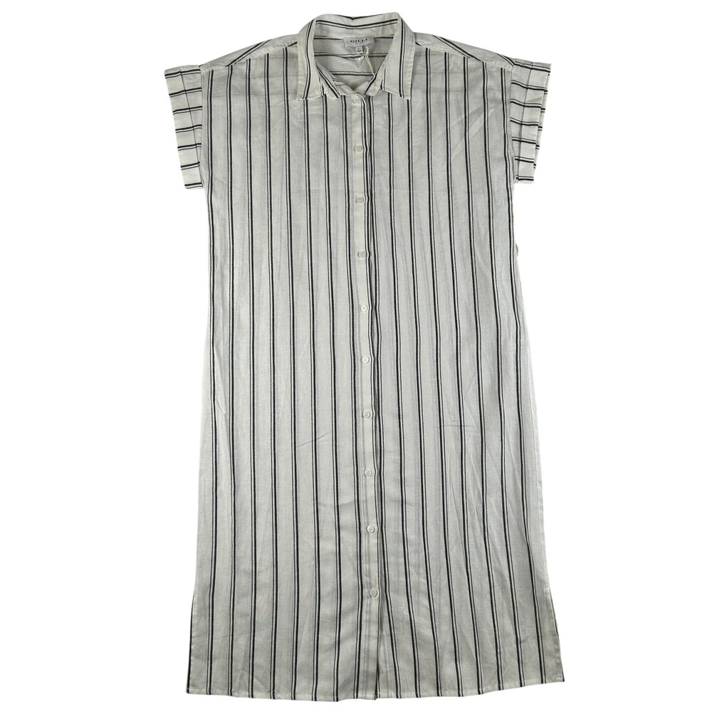 Gilli Dress Womens Large White Stripe Linen Blend Shirt Knee Length Button Front